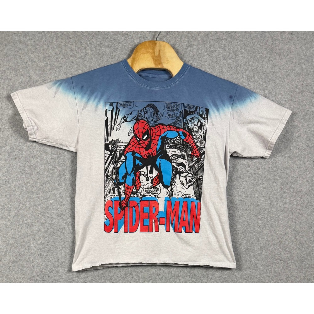 Marvel Spider-Man T-Shirt Mens Large Grey Blue Graphic Dip Dye Comic Panel Tee